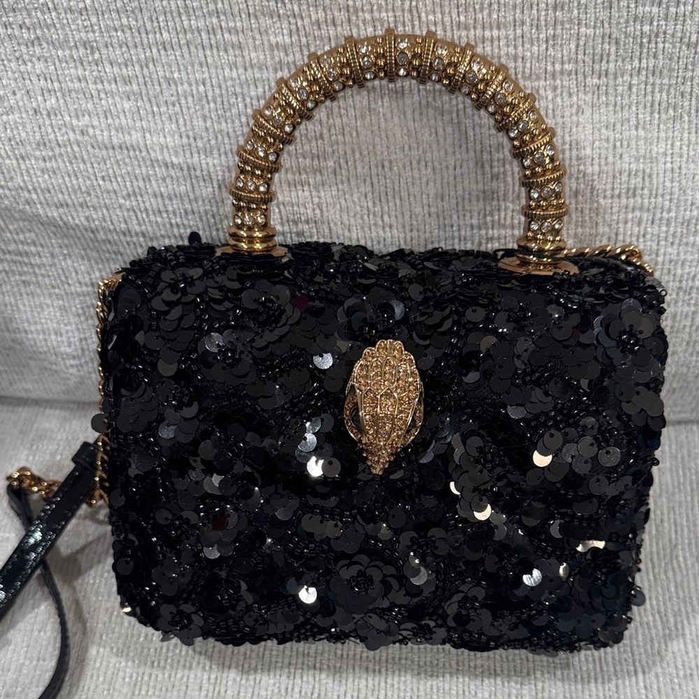 KURT GEIGER Black Sequin Top-Handle Evening Bag with Gold Hardware
